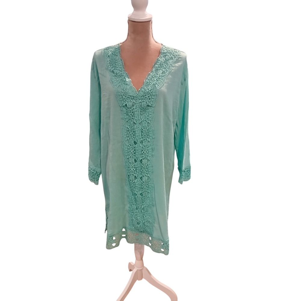 Isaac Mizrahi New York Aqua Blue Crochet Lace V-Neck Tunic Top XXL Long Sleeve